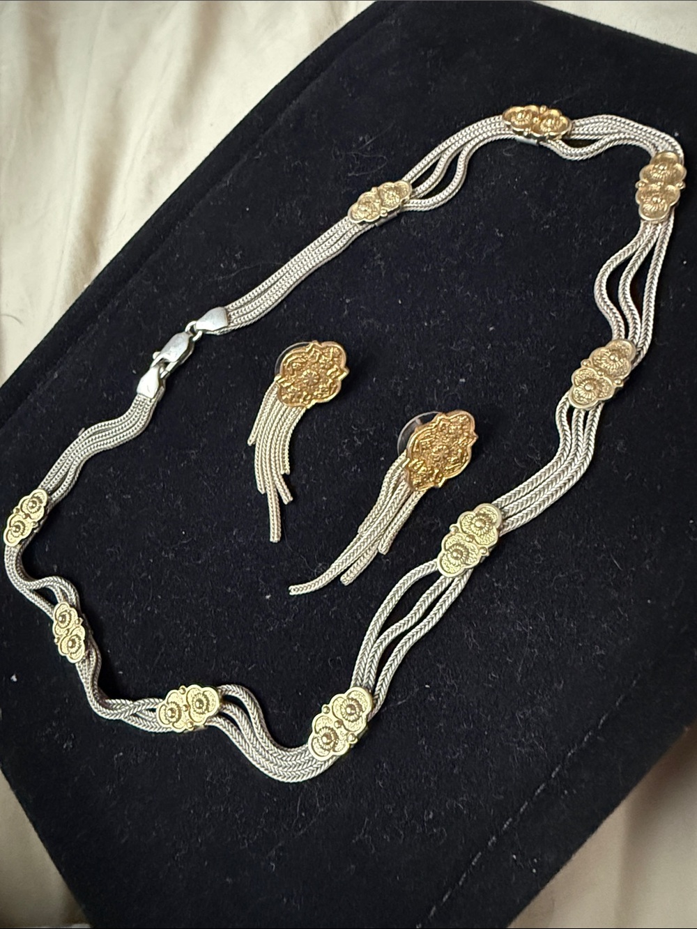 Two-Tone Floral chain necklace 16” Turkish 84 Nu and Anatoli earrings 925